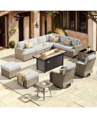 13 Piece Outdoor Patio Furniture Sets with Fire Pit Table,All Weather Wicker Sectional Sofa with Extra Deep Patio Swivel Chairs and Solar PoweRed Coffee Table for