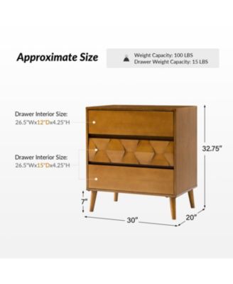 Loreno Mid-Century Modern 3-Drawer Dresser with Built-in Charging and Solid Wood