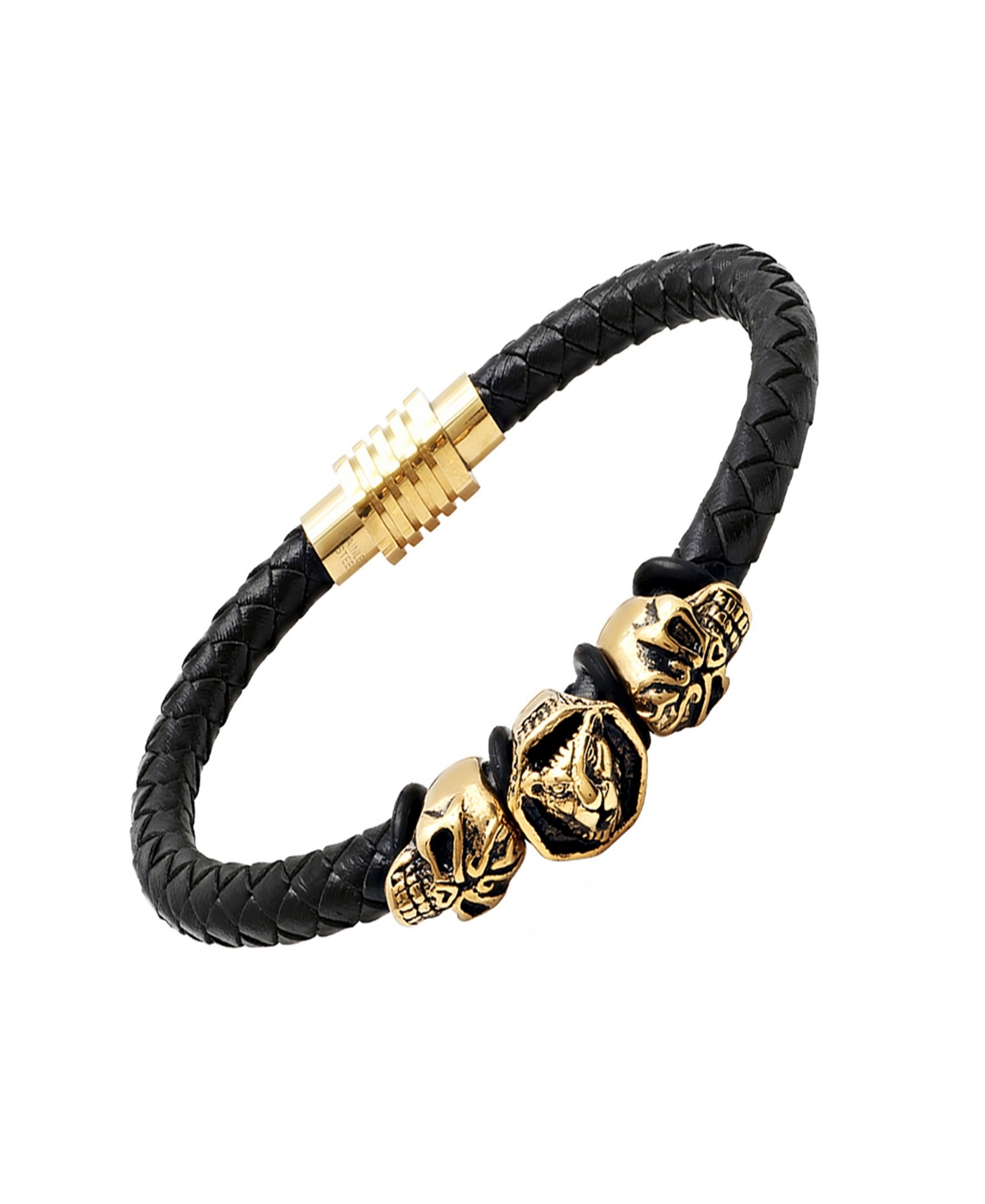 Steeltime Men's Lion Head And Skull Accents Black Leather Braided Bracelet