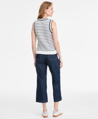 TOMMY HILFIGER WOMENS STRIPED BASKET WEAVE SLEEVELESS SHELL SWEATER WIDE LEG NO WAISTBAND CROPPED DENIM JEANS 