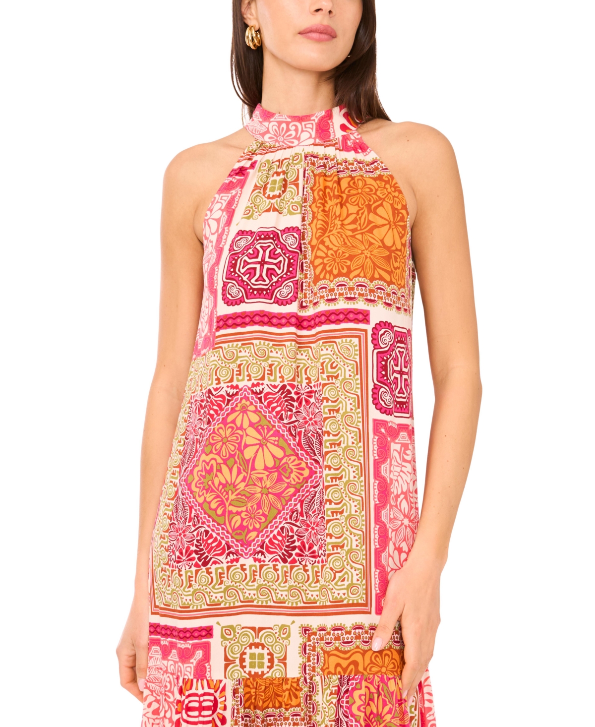 Shop Vince Camuto Women's Quilt-print Mock-neck Maxi Dress