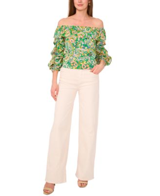 Women's Paisley-Print Ruffled Off-The-Shoulder Bubble 3/4-Sleeve Blouse