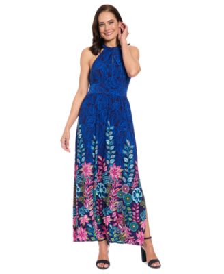 London Times - Women's Shirred Halter Keyhole Maxi Dress