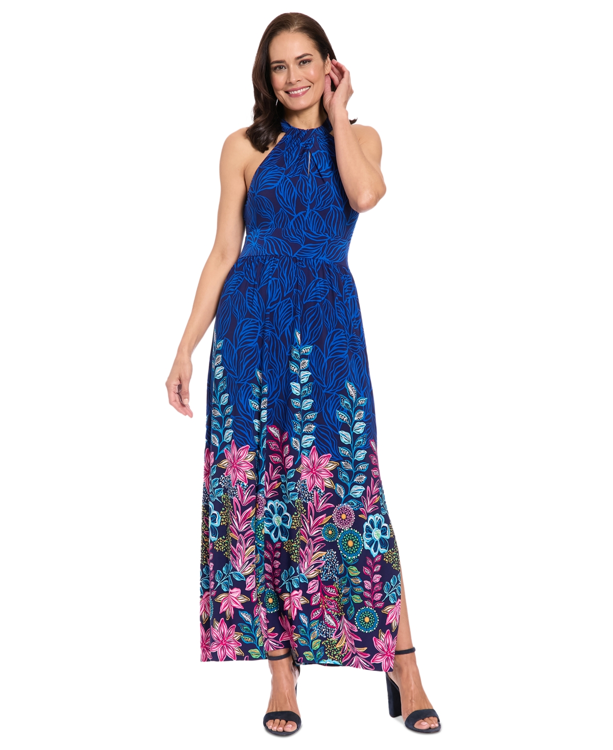 London Times Women's Shirred Halter Keyhole Maxi Dress