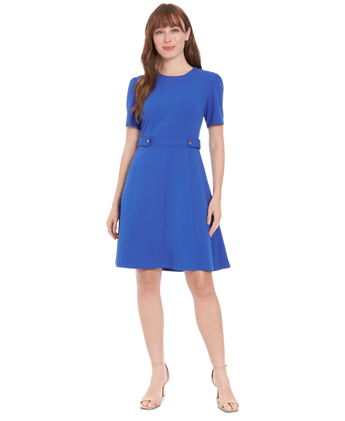 Women's Round-Neck Short-Puff-Sleeve Dress - True Red