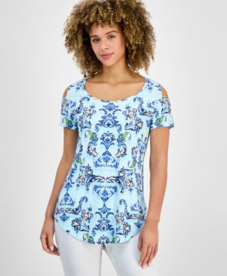JM Collection - Women's Linear Garden Cold-Shoulder Top, Created for Macy's