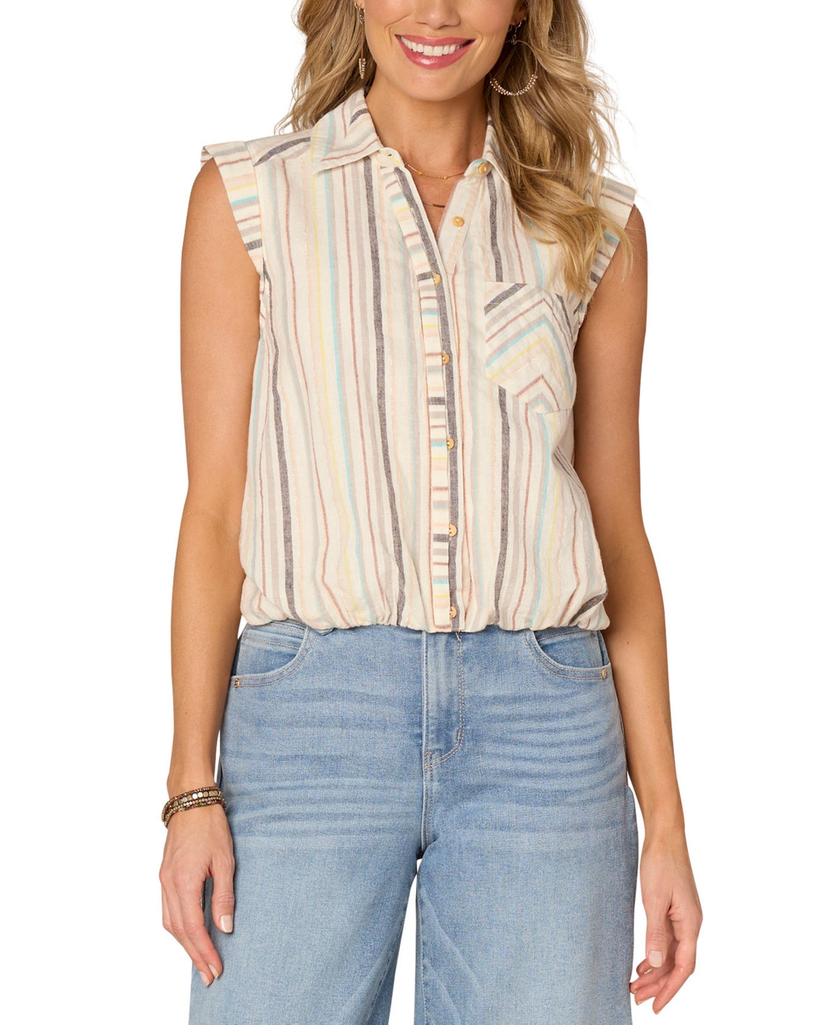 Women's Striped Cap-Sleeve Shirt - Ofwm Off W
