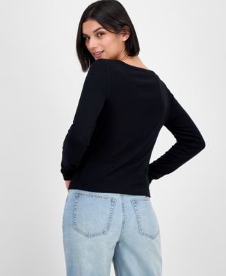 Juniors' Long-Sleeve Button-Front Knit Top