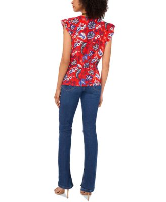 Women's Printed Smocked Flutter-Sleeve Peplum Top