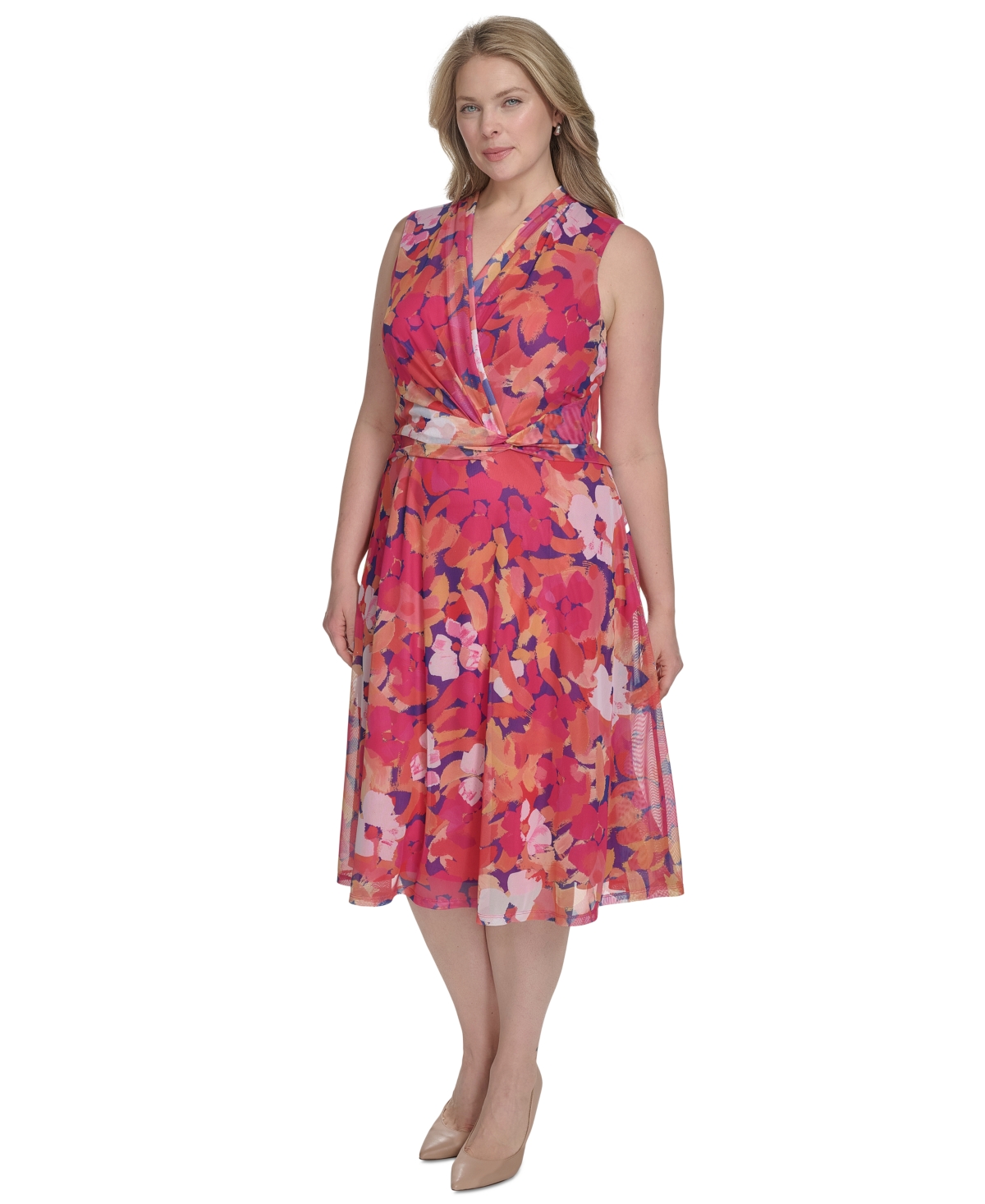 Jessica Howard Plus Size Floral Surplice-neck Midi Dress In Multi