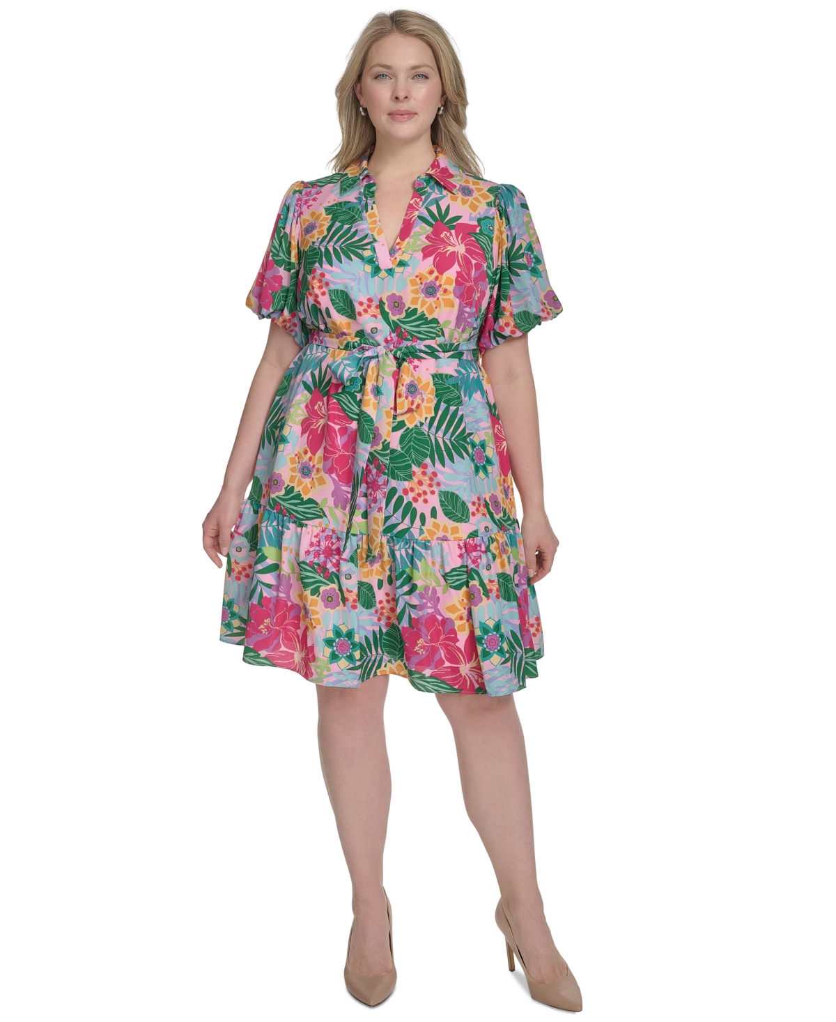 Plus Size Printed Tie-Waist Puff-Sleeve Dress - Pink Multi