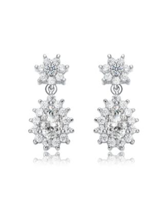 White Gold Plated with Cubic Zirconia Double Flower Cluster Dangle Earrings