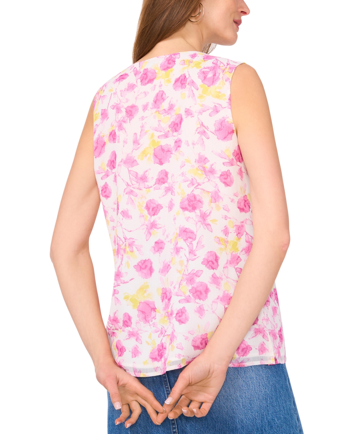 VINCE CAMUTO WOMEN'S PRINTED RUFFLED V-NECK SLEEVELESS TOP 