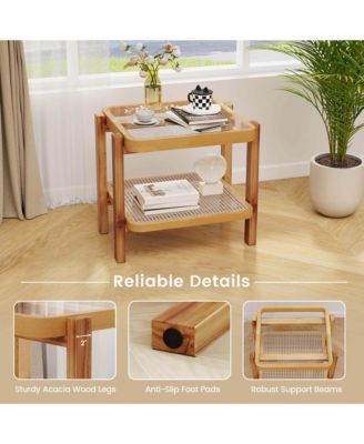 1 PCS End Table with Tempered Glass Top Acacia Wood Legs Rattan Storage Shelf