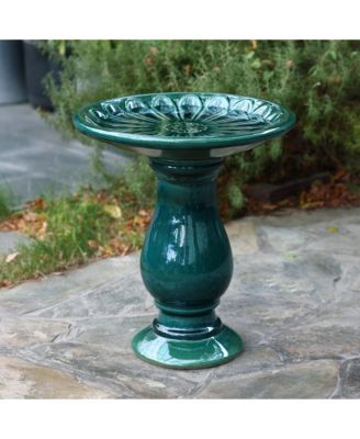 Dark Green Flower 21.65-Inch Tall Ceramic Birdbath