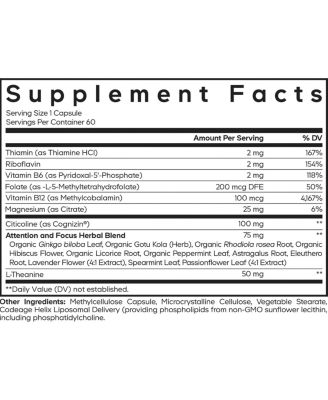 Teen Brain Focus Vitamins+ Citicoline Cognizin, L-Theanine, Ginkgo, Rhodiola, Lavender, Magnesium, Vitamin B6, B12, Folate, 60 Capsules