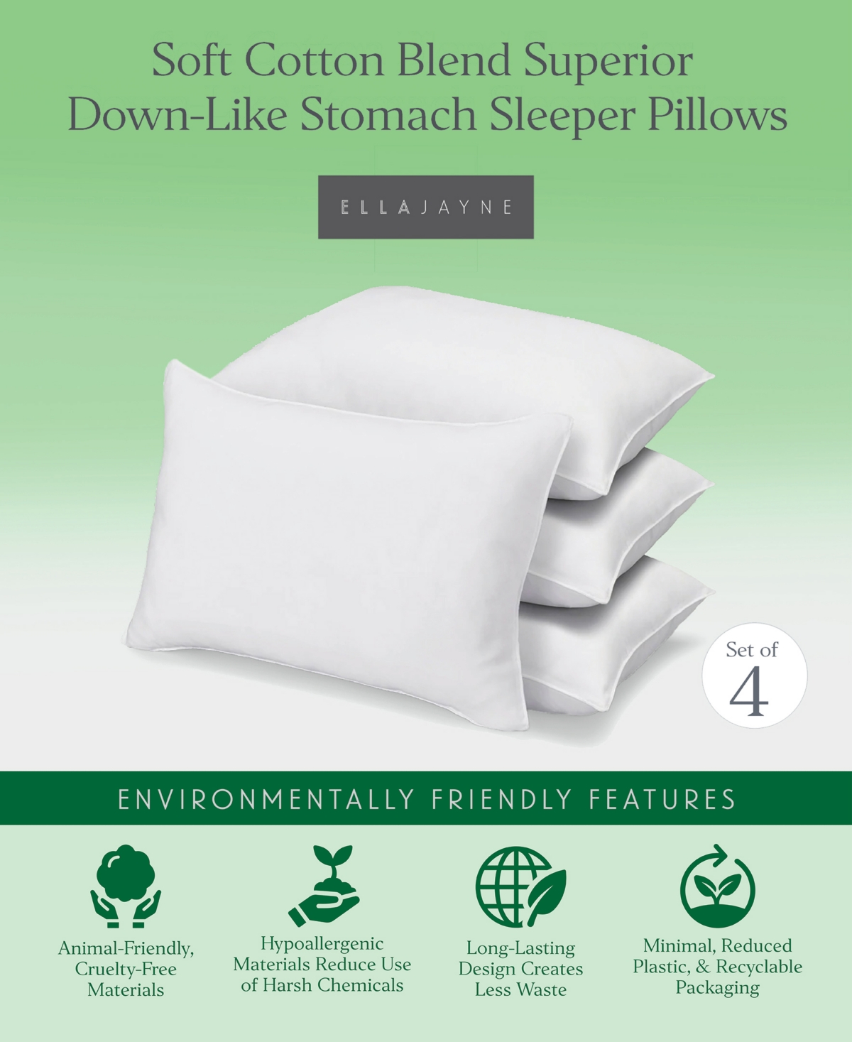 Ella Jayne Superior Cotton Blend Shell Soft Density Stomach Sleeper Down Alternative -Pack Pillows