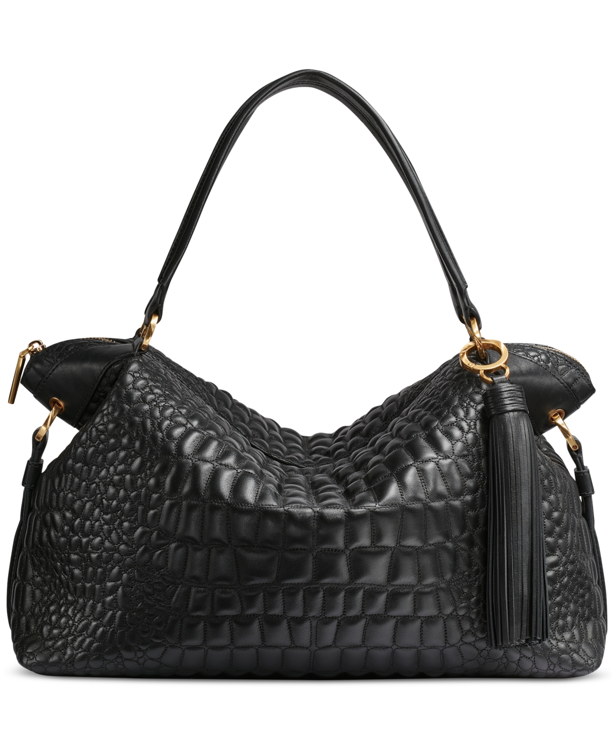 Glenwood Quilted Croc Top Handle Satchel with Tassel Detail - Black/gold