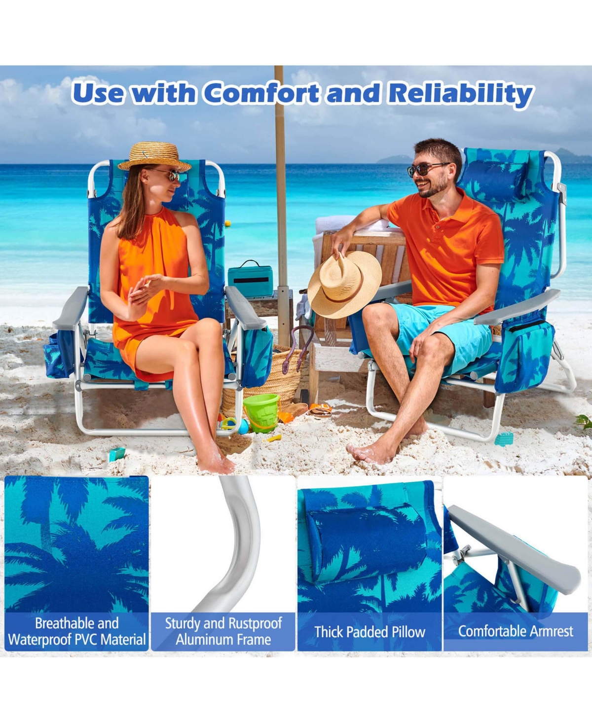 Costway 2-Pack Folding Backpack Beach Chair 5-Position Outdoor Reclining Chairs with Pillow