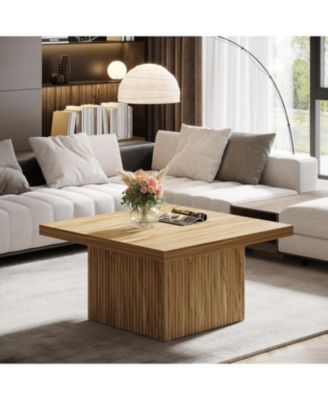 Square Coffee Table, 31.5-Inch Fluted Coffee Table, Mid-Century Modern Living Room Table, Large Cocktail Table for Living Room, Oak