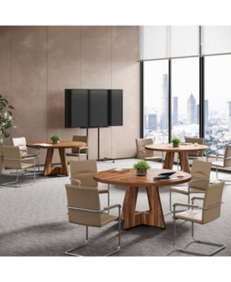 47-Inch Modern Office Desk, Round Home Office Desk for 4–6 People, Wood Tabletop & Sturdy Base