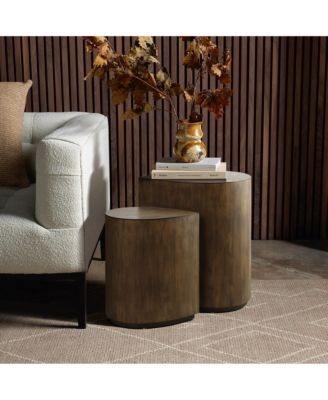 2-Piece Teardrop Drum Wood Side Tables Set in Walnut Finish