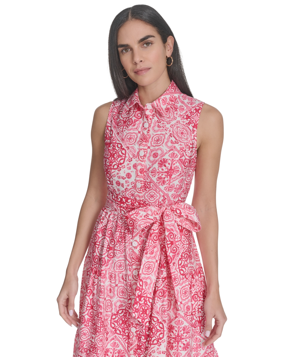 Jessica Howard Plus Size Printed Tie-waist Sleeveless Midi Dress In Pink