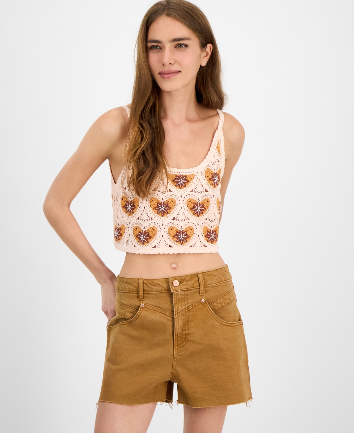 Avec Les Filles Women's Cropped Crotchet Heart Top