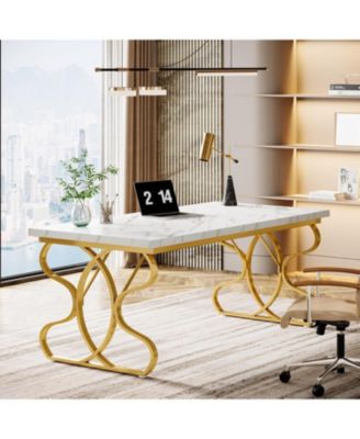 63-Inch Computer Desk, Modern Executive Desk with Gold Metal Legs, Large Sturdy Writing Table for Home Office, White and Gold