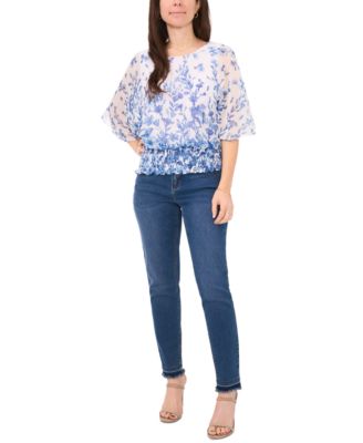 Women's Round-Neck 3/4-Sleeve Smocked-Waist Blouse