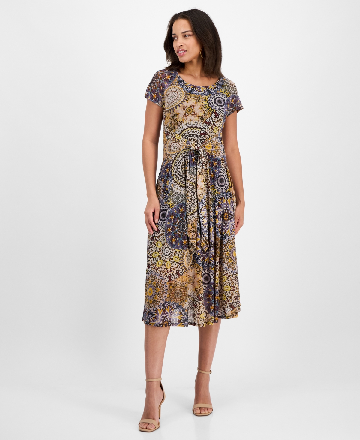 Petite Printed Tie-Waist Midi Dress - Navy Gold