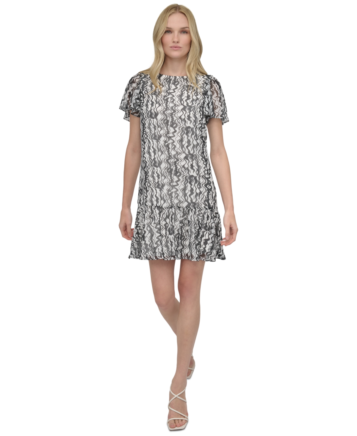 Dkny Women's Printed Flutter-sleeve Trapeze Dress