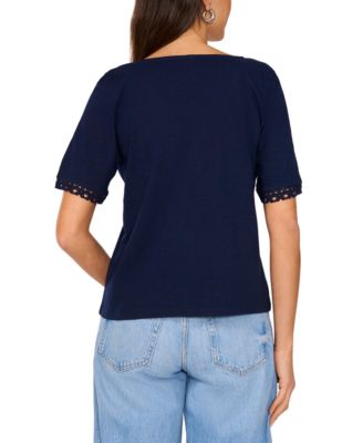 Women's Cotton V-Neck Crochet-Trim Top