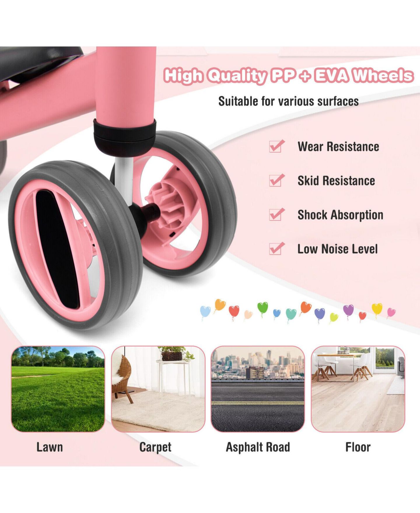 Детская игрушка Mecale 4-Wheel Lightweight Balance Bike, Ages 1-2, цвет: Розовый — фото 6