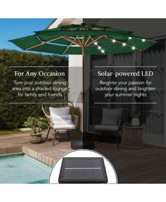 Woodgrain Pattern 10ft 3-Tier Solar Patio Umbrella w/ 24 LED Lights, Tilt