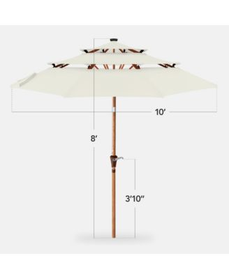 Woodgrain Pattern 10ft 3-Tier Solar Patio Umbrella w/ 24 LED Lights, Tilt
