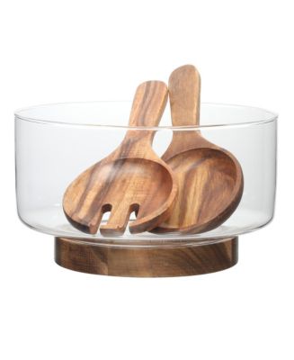 Gibson Home Wildgreens Large Glass Salad Bowl Set with Acacia Wood Base and Acacia Serving Utensils - Macy's