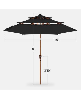 Woodgrain Pattern 10ft 3-Tier Solar Patio Umbrella w/ 24 LED Lights, Tilt