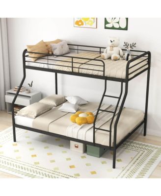 Twin over Full Metal Bunk Bed with Inclined Ladder Safety Guardrail, Slat Support