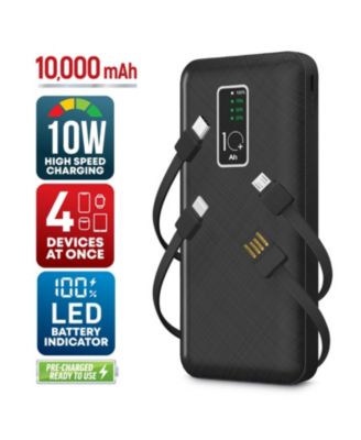 10,000mAh Rapid Charging Power Bank with LCD Battery Display, 4 Built-In Cables, and Phone Stand