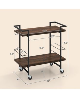 32" 2-Tier Powder-Coated Metal Lockable Wheels, Handle, Guardrails, Rust-Resistant Home Bar Cart