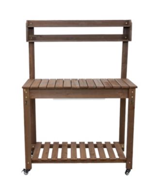 Wooden Wheeled Garden Potting Bench with Dry Sink, Storage Shelves, and Tool Hooks - Brown