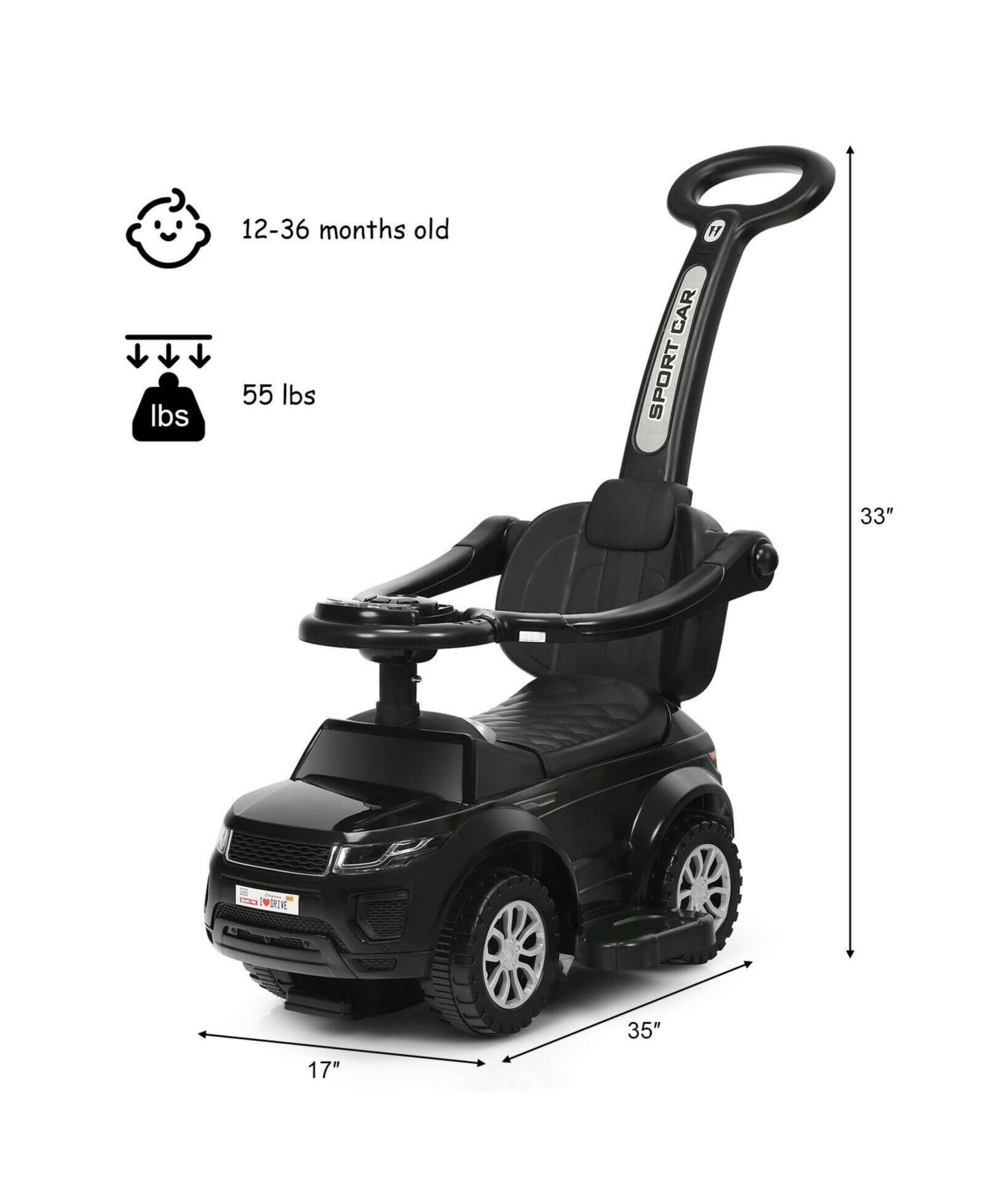Детская игрушка Mecale 3-in-1 Ride-On Push Car with Music, 55 lbs. Capacity, Ages 1+, цвет: Чёрный — фото 2
