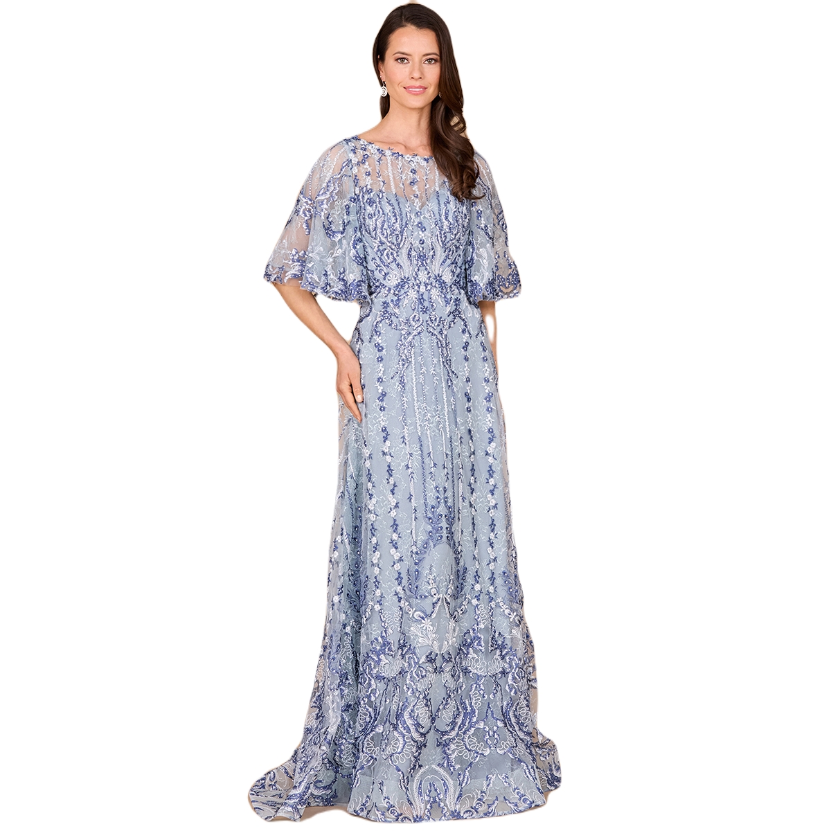 Women's Embroidered, Cape Sleeve A-line Gown - Blue