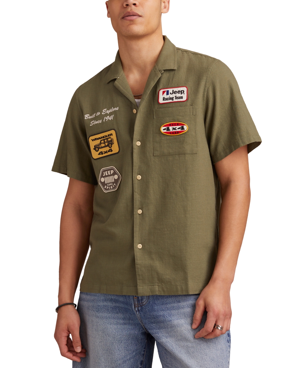 Men's Short Sleeve Jeep Patch Embroidered Button-Front Shirt - Four Leaf