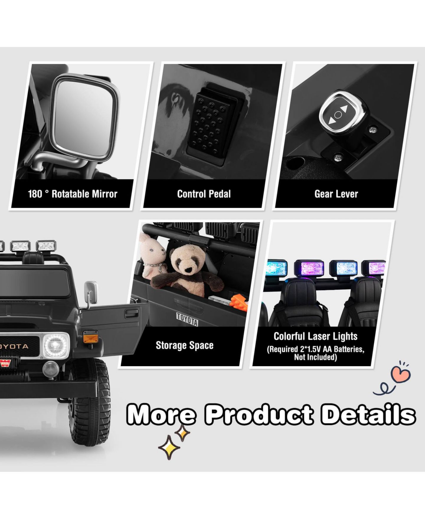 Детская игрушка Mecale Toyota FJ40 12V 2-Seat Remote Control Ride-On Car, 130 lbs Capacity, от 3 лет, цвет: Чёрный — фото 8