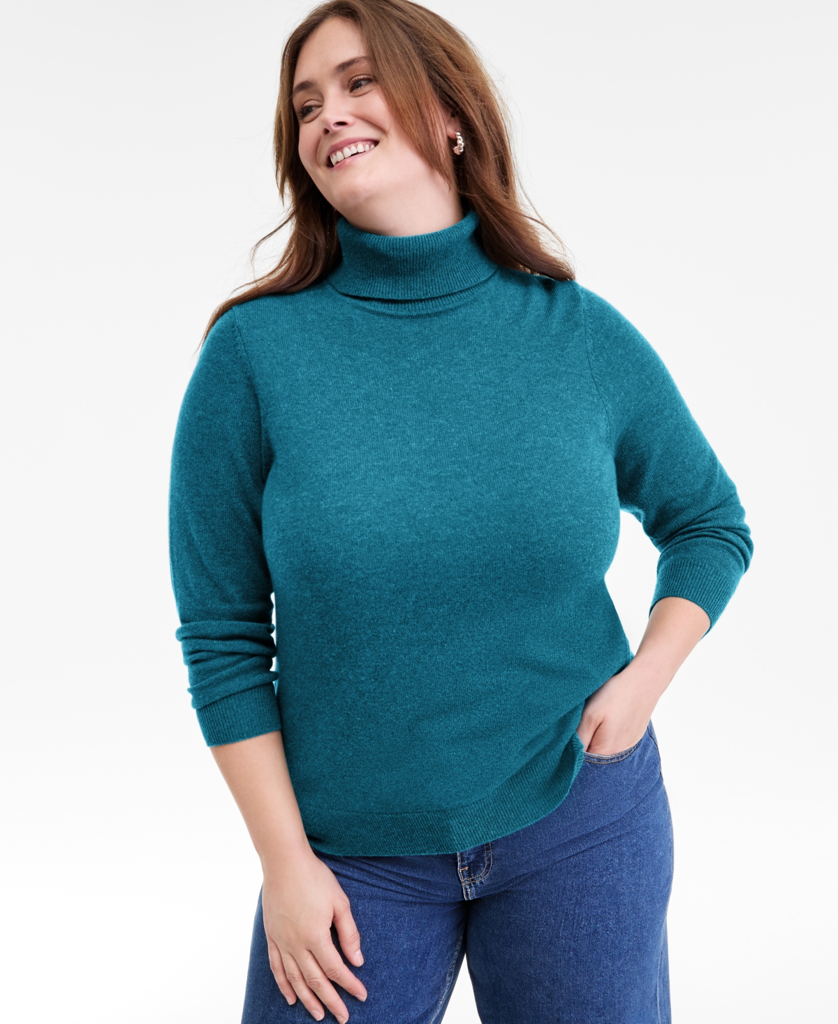 Plus Size 100% Cashmere Turtleneck Sweater, Macy's Exclusive - Blue Opal Heather