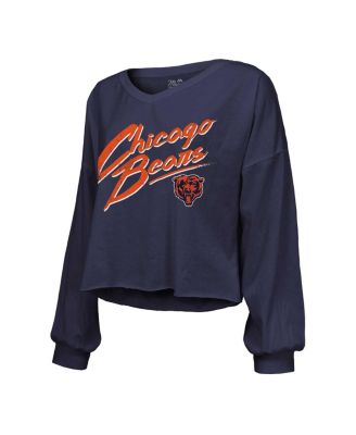 Women's Caleb Williams Navy Chicago Bears Name Number Off-Shoulder Script Cropped Long Sleeve V-Neck T-Shirt