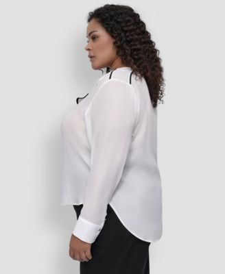 Plus Size Contrast-Trim Long-Sleeve Blouse