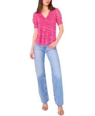 Petite Printed Puff-Sleeve Pintuck Blouse